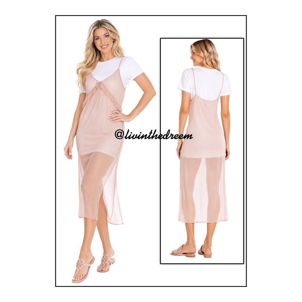 Pull&Bear Ruffle Slip Dress In Rose Gold/Pink SZ M $59